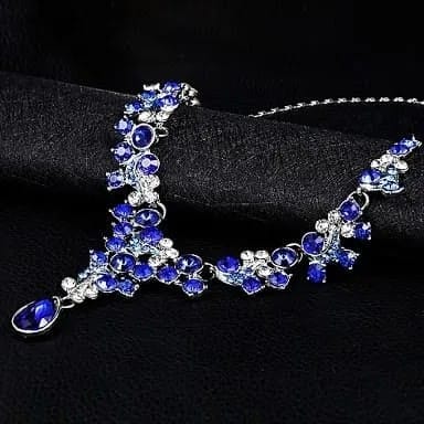 Wreath Necklace Long Earrings for Ladies Fashion Prestige Temperament Rhinestone Jewelry 2PCs Set (Blue)