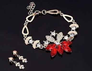 Fashion Diamond-shape Leaves Flowers Bracelets Earrings Jewelry 2 PCS Set for Women (Red)
