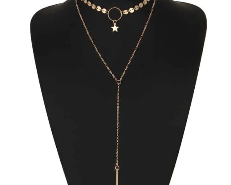 Handmade Sequins Star Tassels Circle Clavicle Chain Long Pendant Double-layer Chain (Gold)