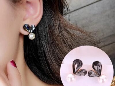 Ladies Sweet Cute Shining Heart Full Luster Bead Earring Studs (Grey)