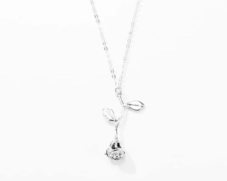 Valentines Day Gift Rose Flower Pendant Jewelry Chain Necklace (Silver)