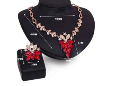 Fashion Diamond-shape Leaves Flowers Necklaces Rings Jewelry 2 PCS Set for Women (Red)