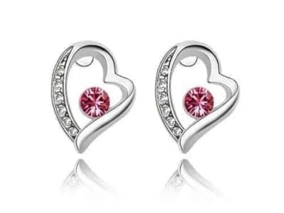 Stylish Alloy & Crystal Heart Shape Earrings (Magenta)