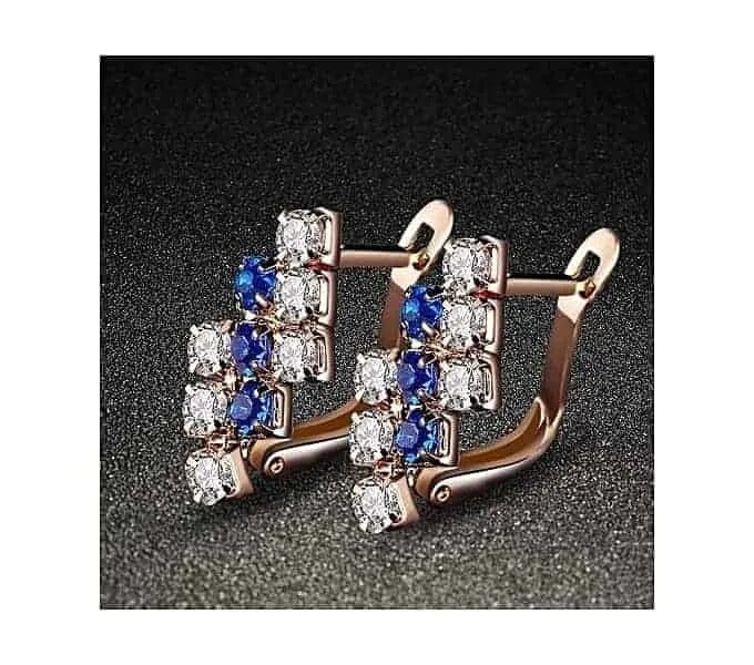 Earring For Women 1 Pair Of 18 k Gold Irregular Geometrical Sterling Silver Crystal Stud 21*9 mm (Blue)