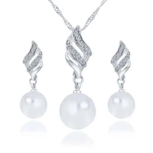 Pearl and Rhinestone Pendant Necklace and Earrings (Silver)