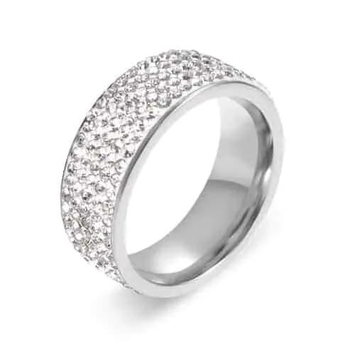 Stainless Steel Eternity Ring For Wedding Band Engagement Promise High Quality Crystal and Rhinestones Inlaid Circle Round (Silver)