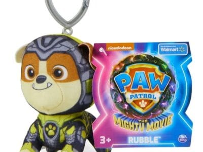 PAW Patrol: The Mighty Movie, 4-Inch Tall Rubble Plush Toy with Keychain Clip for Kids 3+