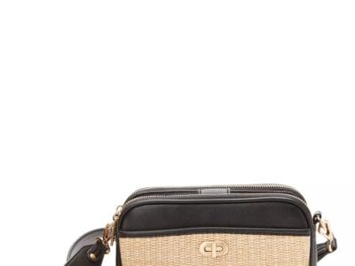 Time and Tru Women’s Annamarie Woven Cross Body Bag Black Gold w/Tan Straw