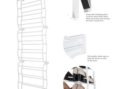 MAINSTAYS Over-the-Door Shoe Rack – Storage Organizer – 36 Pair – White, Stores and organizes 36 pairs of shoes without taking up additional floor space Number of Compartments 12