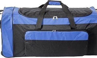 Jetstream Foldable 145L Duffle Bag with Triple Inline Wheels, Large Collapsible Duffel for Camping & Travel, Black Blue