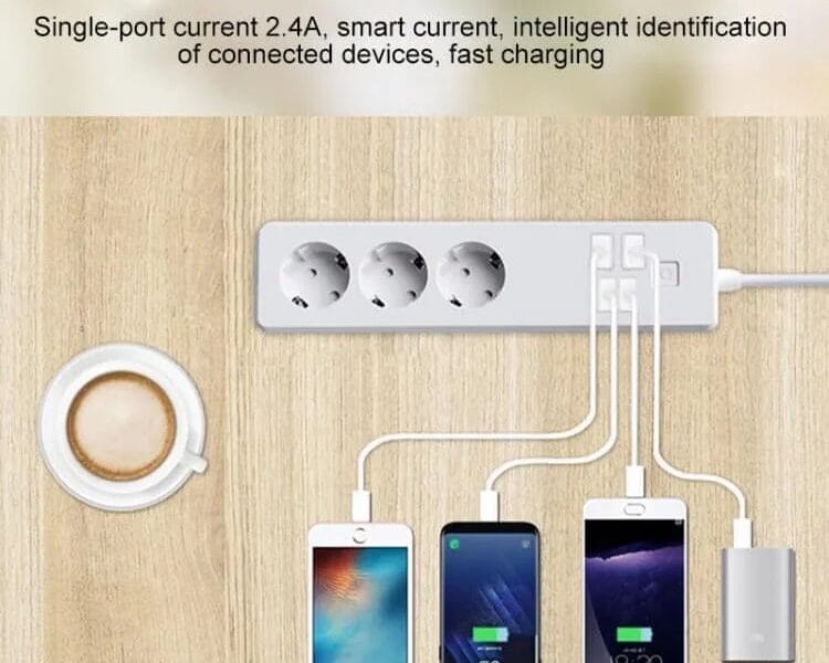 WiFi Remote Control Smart Power Socket Works with Alexa & Google Home 4 x USB Ports + 3 x EU Plug Jack Cable Length: 1.8m AC 90-265V EU Plug